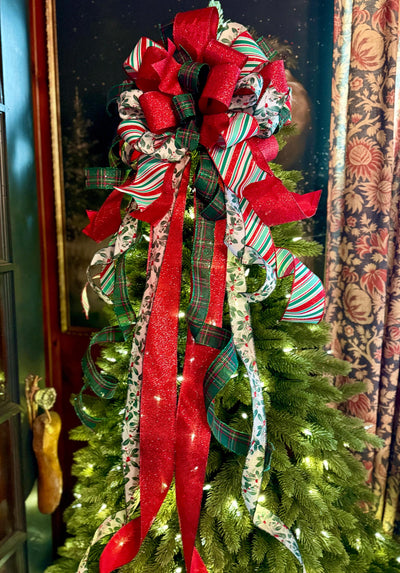 The Etta Red Green & White Christmas Tree Topper Bow, cottage bow, bow for wreaths, long streamer bow, christmas tree bow, tree trimming bow