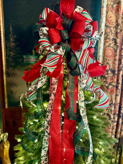 The Etta Red Green & White Christmas Tree Topper Bow, cottage bow, bow for wreaths, long streamer bow, christmas tree bow, tree trimming bow