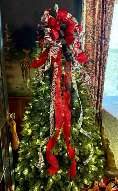 The Etta Red Green & White Christmas Tree Topper Bow, cottage bow, bow for wreaths, long streamer bow, christmas tree bow, tree trimming bow