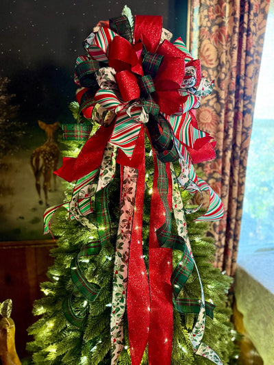 The Etta Red Green & White Christmas Tree Topper Bow, cottage bow, bow for wreaths, long streamer bow, christmas tree bow, tree trimming bow