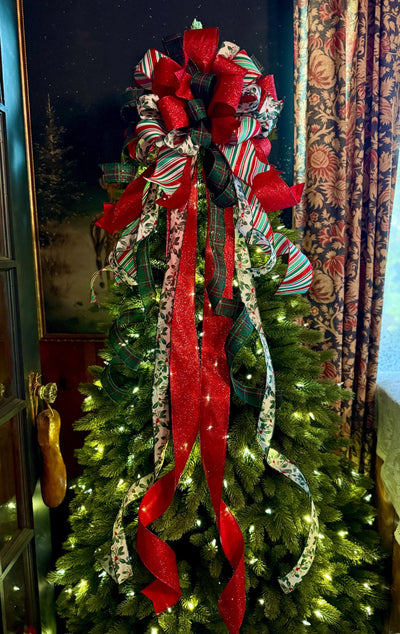 The Etta Red Green & White Christmas Tree Topper Bow, cottage bow, bow for wreaths, long streamer bow, christmas tree bow, tree trimming bow