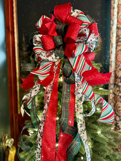The Etta Red Green & White Christmas Tree Topper Bow, cottage bow, bow for wreaths, long streamer bow, christmas tree bow, tree trimming bow