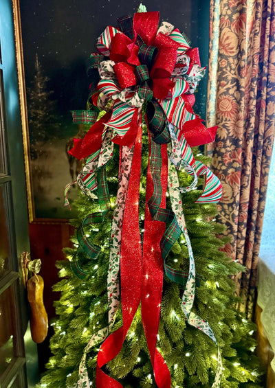 The Etta Red Green & White Christmas Tree Topper Bow, cottage bow, bow for wreaths, long streamer bow, christmas tree bow, tree trimming bow