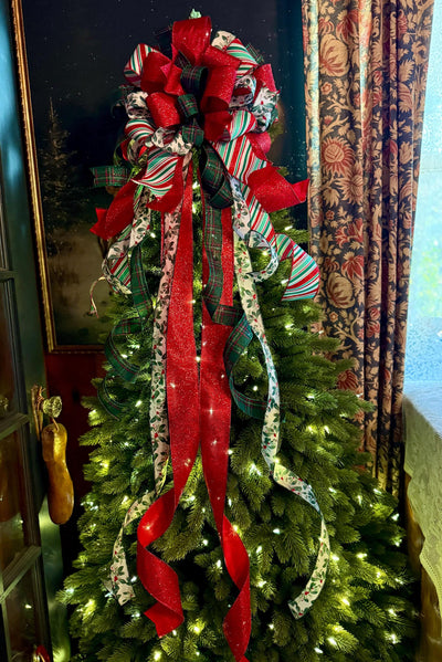 The Etta Red Green & White Christmas Tree Topper Bow, cottage bow, bow for wreaths, long streamer bow, christmas tree bow, tree trimming bow