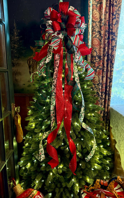 The Etta Red Green & White Christmas Tree Topper Bow, cottage bow, bow for wreaths, long streamer bow, christmas tree bow, tree trimming bow