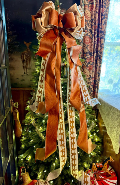 The Ginger Bronze & Gold Gingerbread Christmas Tree Topper Bow, Tree trimming bow, long streamer bow, Ribbon topper, XL bow, caramel bow