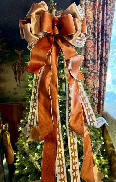 The Ginger Bronze & Gold Gingerbread Christmas Tree Topper Bow, Tree trimming bow, long streamer bow, Ribbon topper, XL bow, caramel bow