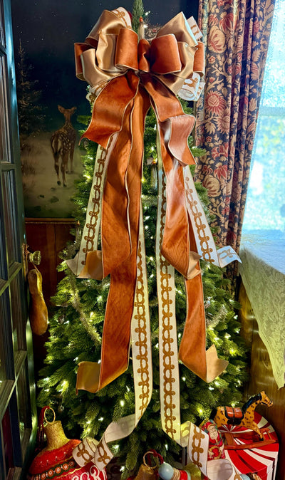 The Ginger Bronze & Gold Gingerbread Christmas Tree Topper Bow, Tree trimming bow, long streamer bow, Ribbon topper, XL bow, caramel bow