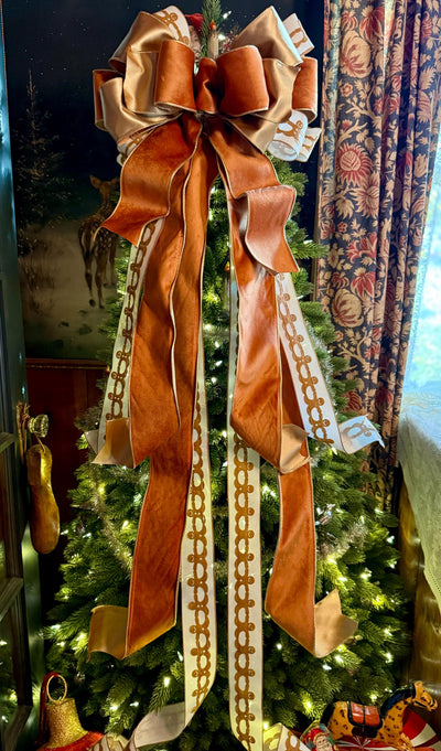 The Ginger Bronze & Gold Gingerbread Christmas Tree Topper Bow, Tree trimming bow, long streamer bow, Ribbon topper, XL bow, caramel bow