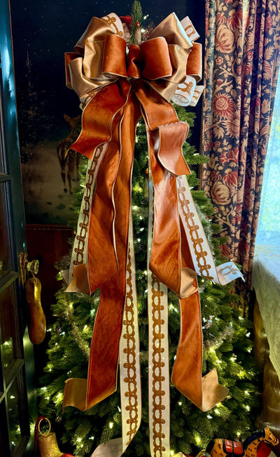 The Ginger Bronze & Gold Gingerbread Christmas Tree Topper Bow, Tree trimming bow, long streamer bow, Ribbon topper, XL bow, caramel bow