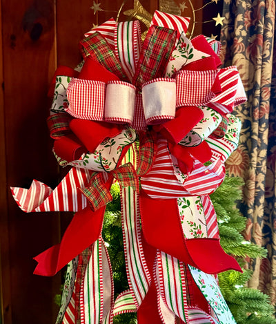 The Mary Red & Green Christmas Tree Topper Bow, Green Red bow, Glitter Polka Dot Luxury Bow, XL red christmas tree bow, whimsical bow