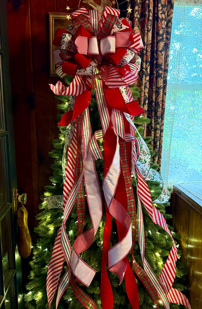 The Mary Red & Green Christmas Tree Topper Bow, Green Red bow, Glitter Polka Dot Luxury Bow, XL red christmas tree bow, whimsical bow