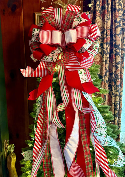 The Mary Red & Green Christmas Tree Topper Bow, Green Red bow, Glitter Polka Dot Luxury Bow, XL red christmas tree bow, whimsical bow