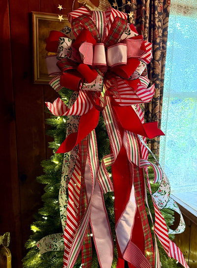 The Mary Red & Green Christmas Tree Topper Bow, Green Red bow, Glitter Polka Dot Luxury Bow, XL red christmas tree bow, whimsical bow