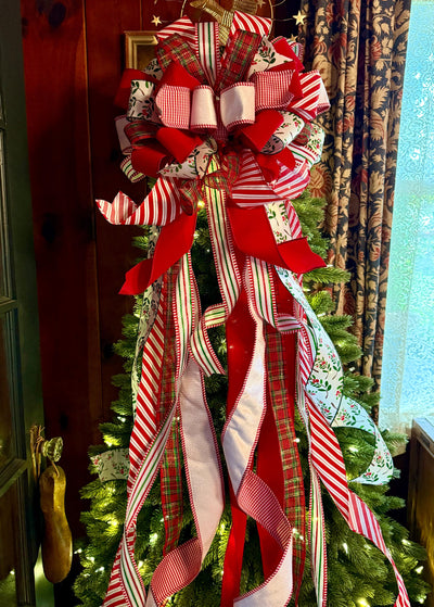 The Mary Red & Green Christmas Tree Topper Bow, Green Red bow, Glitter Polka Dot Luxury Bow, XL red christmas tree bow, whimsical bow