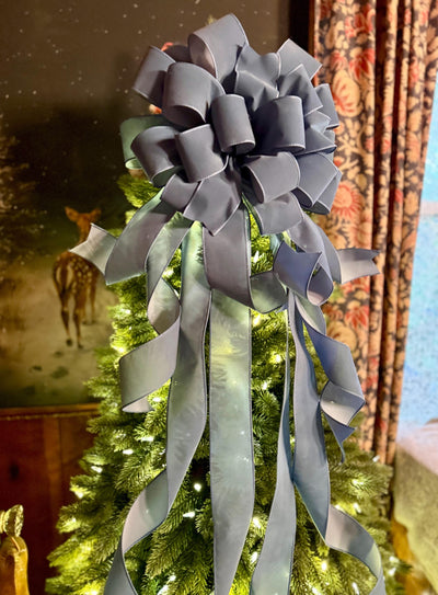 The Belle Smoke Blue Velvet Christmas Tree Topper Bow, XL bow with long streamers for wreath, Outdoor velvet bow, blue gray bow