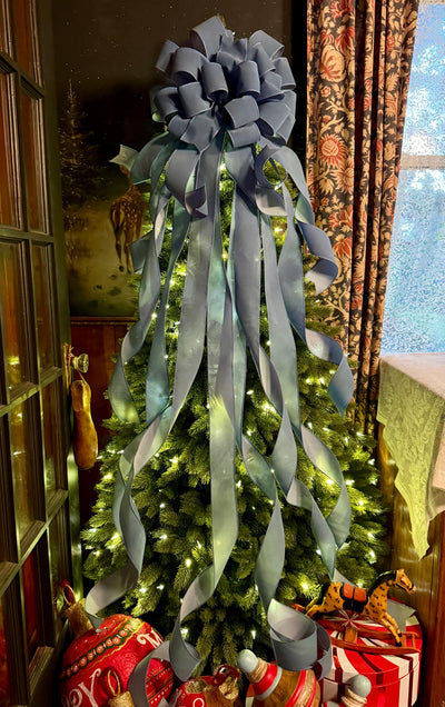 The Belle Smoke Blue Velvet Christmas Tree Topper Bow, XL bow with long streamers for wreath, Outdoor velvet bow, blue gray bow