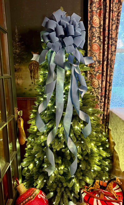 The Belle Smoke Blue Velvet Christmas Tree Topper Bow, XL bow with long streamers for wreath, Outdoor velvet bow, blue gray bow