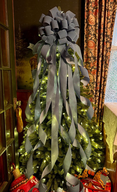 The Belle Smoke Blue Velvet Christmas Tree Topper Bow, XL bow with long streamers for wreath, Outdoor velvet bow, blue gray bow