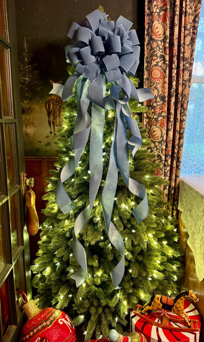 The Belle Smoke Blue Velvet Christmas Tree Topper Bow, XL bow with long streamers for wreath, Outdoor velvet bow, blue gray bow