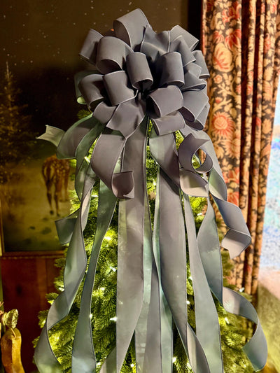 The Belle Smoke Blue Velvet Christmas Tree Topper Bow, XL bow with long streamers for wreath, Outdoor velvet bow, blue gray bow