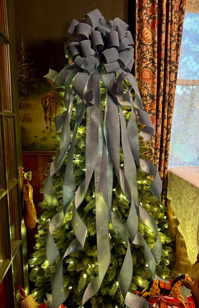 The Belle Smoke Blue Velvet Christmas Tree Topper Bow, XL bow with long streamers for wreath, Outdoor velvet bow, blue gray bow