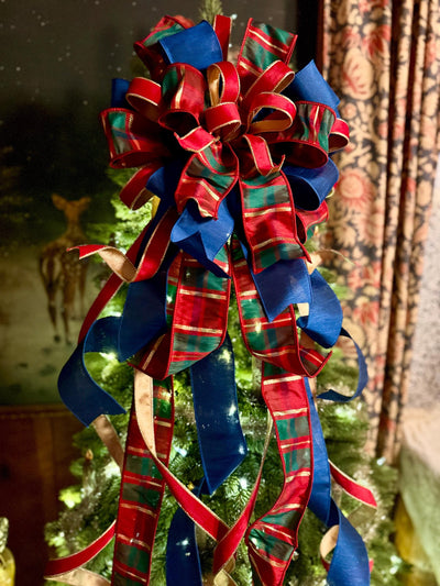 The Gabriella Navy Red & Gold Plaid Christmas Tree Topper Bow, XL Nutcracker themed, royal blue luxury bow, elegant red gold bow