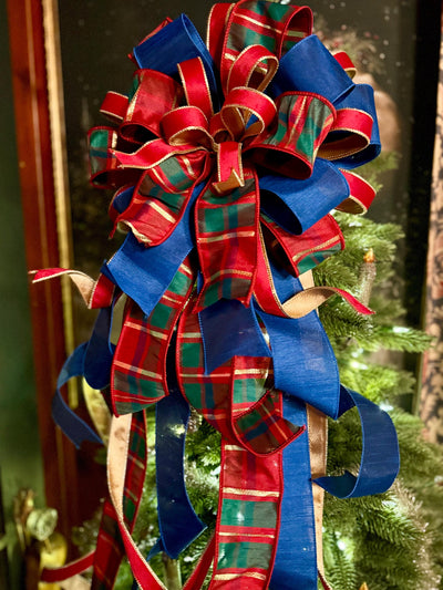 The Gabriella Navy Red & Gold Plaid Christmas Tree Topper Bow, XL Nutcracker themed, royal blue luxury bow, elegant red gold bow