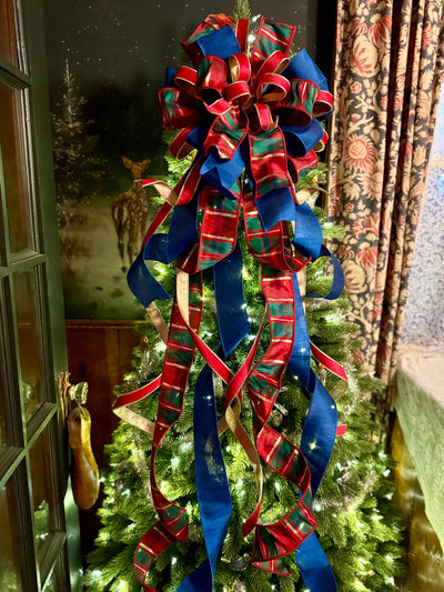 The Gabriella Navy Red & Gold Plaid Christmas Tree Topper Bow, XL Nutcracker themed, royal blue luxury bow, elegant red gold bow