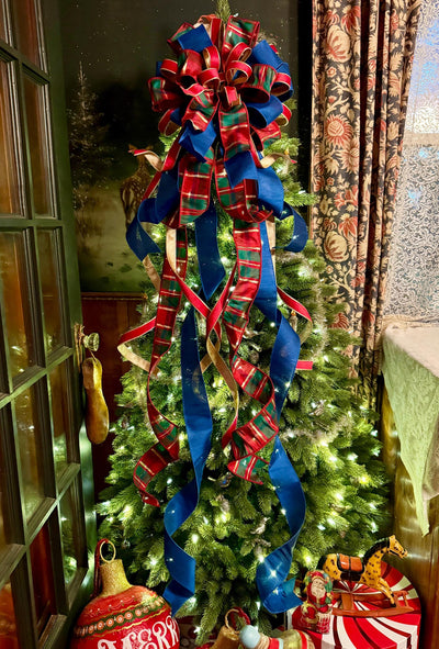 The Gabriella Navy Red & Gold Plaid Christmas Tree Topper Bow, XL Nutcracker themed, royal blue luxury bow, elegant red gold bow
