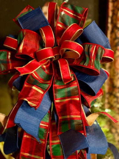 The Gabriella Navy Red & Gold Plaid Christmas Tree Topper Bow, XL Nutcracker themed, royal blue luxury bow, elegant red gold bow