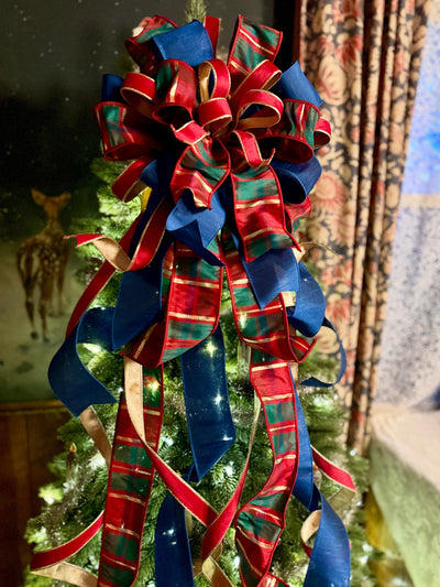 The Gabriella Navy Red & Gold Plaid Christmas Tree Topper Bow, XL Nutcracker themed, royal blue luxury bow, elegant red gold bow