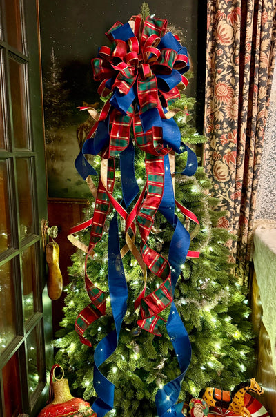 The Gabriella Navy Red & Gold Plaid Christmas Tree Topper Bow, XL Nutcracker themed, royal blue luxury bow, elegant red gold bow