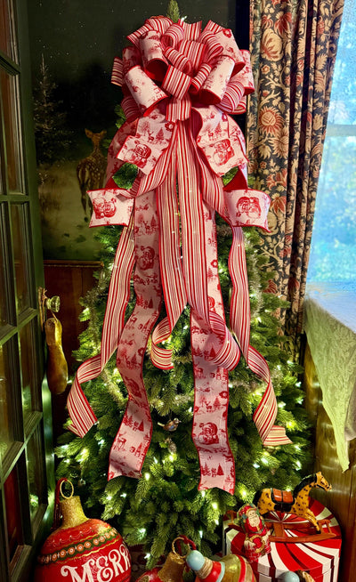 The Kringle Red & White Christmas Tree Topper Bow, Santa Claus toile bow, bow for wreath, luxury ribbon bow, bow for tree, christmas bows