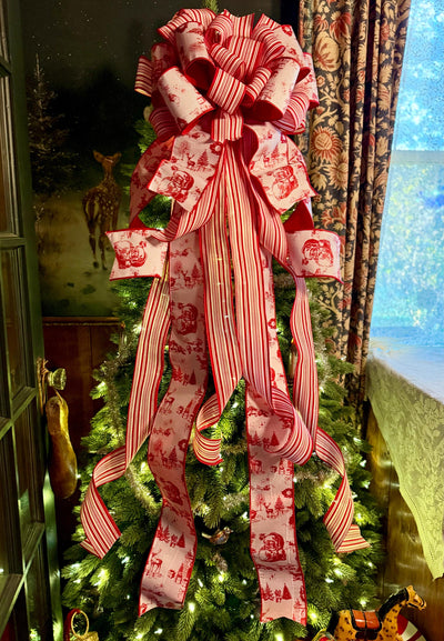 The Kringle Red & White Christmas Tree Topper Bow, Santa Claus toile bow, bow for wreath, luxury ribbon bow, bow for tree, christmas bows