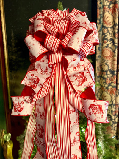 The Kringle Red & White Christmas Tree Topper Bow, Santa Claus toile bow, bow for wreath, luxury ribbon bow, bow for tree, christmas bows