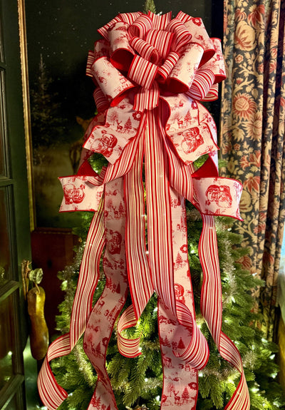 The Kringle Red & White Christmas Tree Topper Bow, Santa Claus toile bow, bow for wreath, luxury ribbon bow, bow for tree, christmas bows