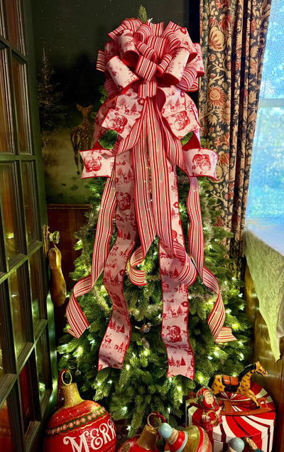 The Kringle Red & White Christmas Tree Topper Bow, Santa Claus toile bow, bow for wreath, luxury ribbon bow, bow for tree, christmas bows
