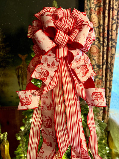 The Kringle Red & White Christmas Tree Topper Bow, Santa Claus toile bow, bow for wreath, luxury ribbon bow, bow for tree, christmas bows
