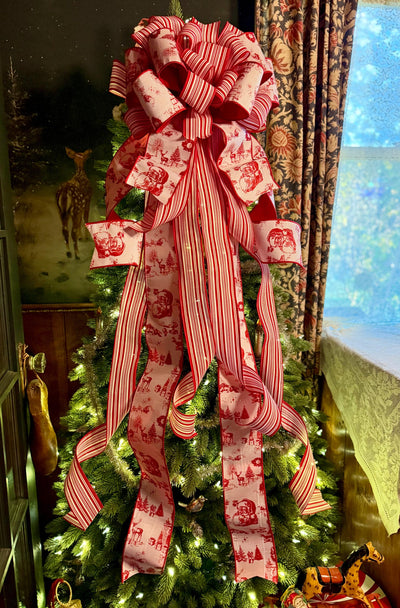 The Kringle Red & White Christmas Tree Topper Bow, Santa Claus toile bow, bow for wreath, luxury ribbon bow, bow for tree, christmas bows