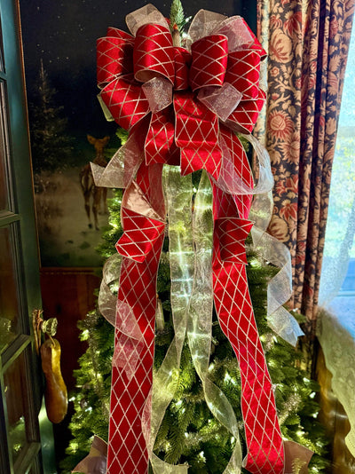 The Delaney Red & Gold Harlequin Bow, Velvet Christmas Tree Topper Bow, XL Luxury red ribbon topper, Handmade extra large Christmas tree bow