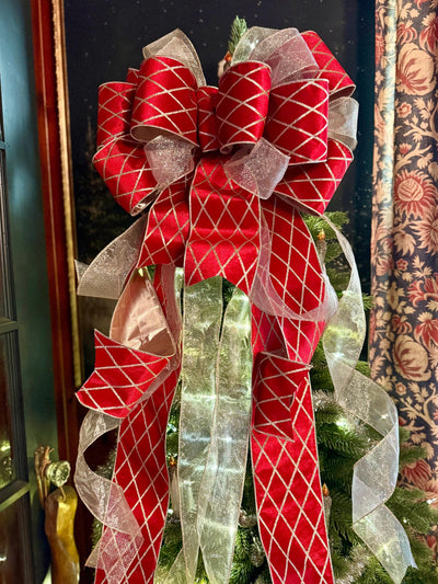 The Delaney Red & Gold Harlequin Bow, Velvet Christmas Tree Topper Bow, XL Luxury red ribbon topper, Handmade extra large Christmas tree bow