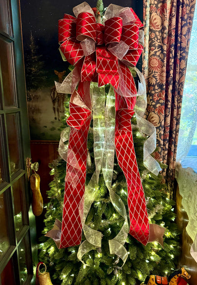 The Delaney Red & Gold Harlequin Bow, Velvet Christmas Tree Topper Bow, XL Luxury red ribbon topper, Handmade extra large Christmas tree bow