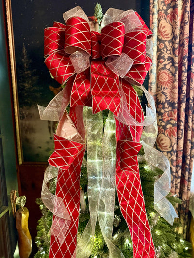 The Delaney Red & Gold Harlequin Bow, Velvet Christmas Tree Topper Bow, XL Luxury red ribbon topper, Handmade extra large Christmas tree bow