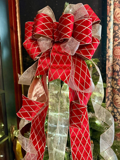 The Delaney Red & Gold Harlequin Bow, Velvet Christmas Tree Topper Bow, XL Luxury red ribbon topper, Handmade extra large Christmas tree bow