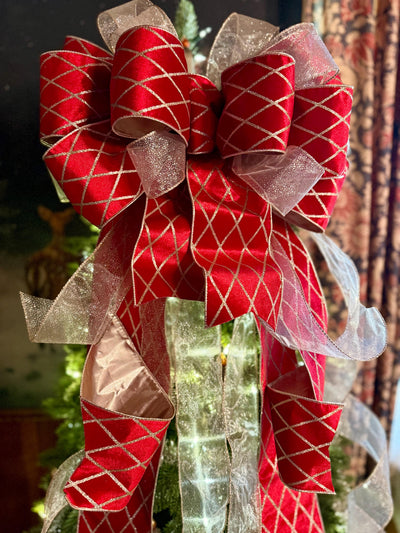 The Delaney Red & Gold Harlequin Bow, Velvet Christmas Tree Topper Bow, XL Luxury red ribbon topper, Handmade extra large Christmas tree bow