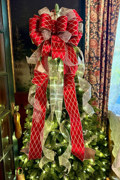 The Delaney Red & Gold Harlequin Bow, Velvet Christmas Tree Topper Bow, XL Luxury red ribbon topper, Handmade extra large Christmas tree bow