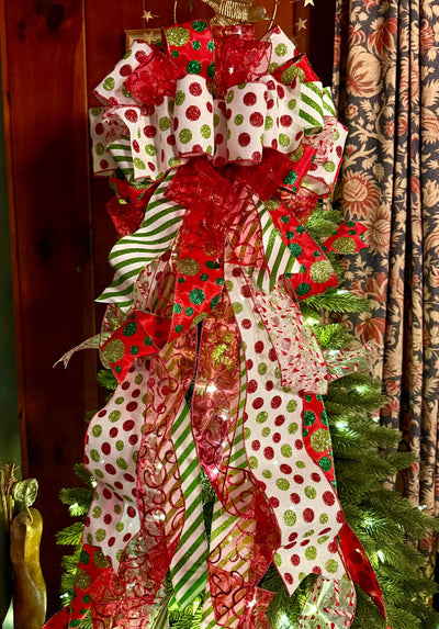 The Odessa Red & Green polka dot Christmas Tree Topper Bow, Christmas tree trimming bow, red and white bow for tree, christmas wreath bow