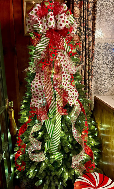 The Odessa Red & Green polka dot Christmas Tree Topper Bow, Christmas tree trimming bow, red and white bow for tree, christmas wreath bow