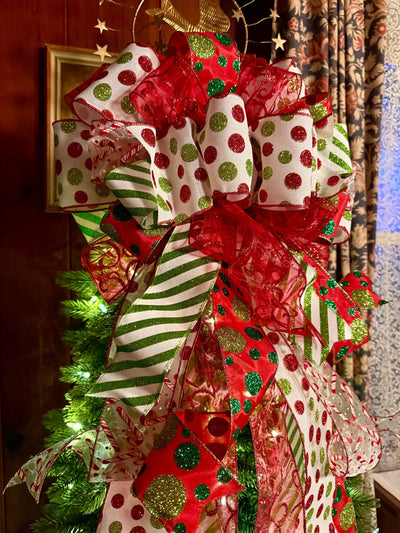 The Odessa Red & Green polka dot Christmas Tree Topper Bow, Christmas tree trimming bow, red and white bow for tree, christmas wreath bow